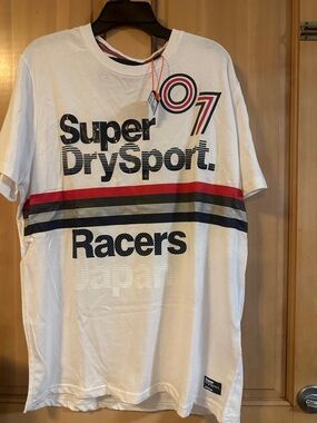 Superdry White 'Racers' Short Sleeve Graphic Tee with Red & Navy Stripes